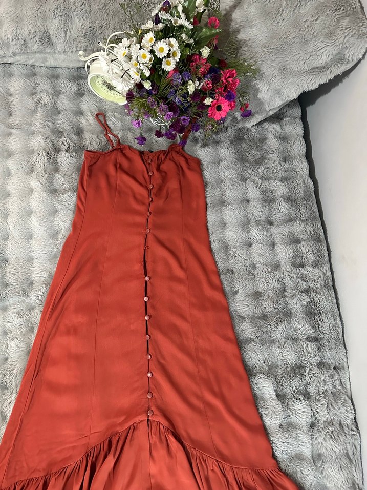 Bordo Straplez Fırfırlı Bohem Uzun Elbise - Görsel 3