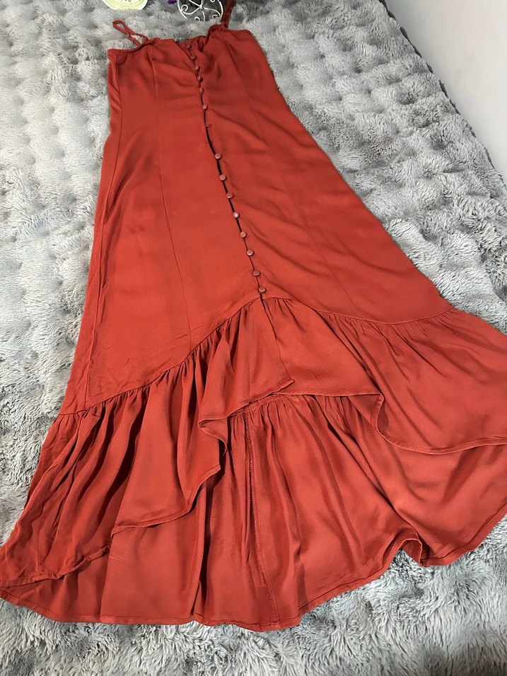 Bordo Straplez Fırfırlı Bohem Uzun Elbise - Görsel 2