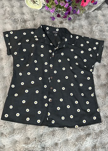 Siyah, düğmeli, kısa kollu, bol kesim gömlek - Görsel 2
