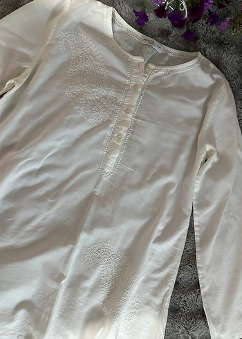 Nakışlı Beyaz Hamile Tunik, Uzun Kollu, Bohem - Görsel 4