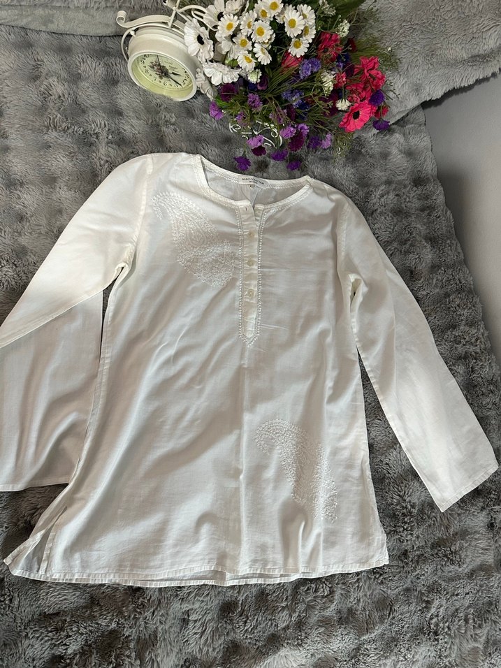 Nakışlı Beyaz Hamile Tunik, Uzun Kollu, Bohem - Görsel 2