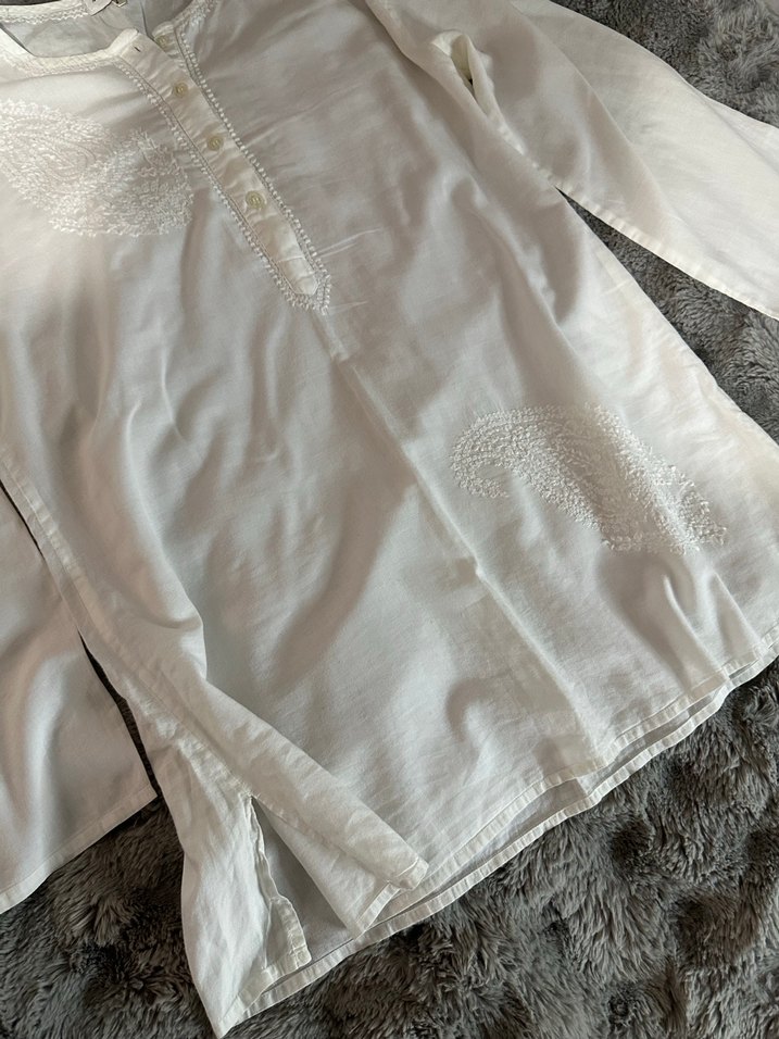 Nakışlı Beyaz Hamile Tunik, Uzun Kollu, Bohem - Görsel 3