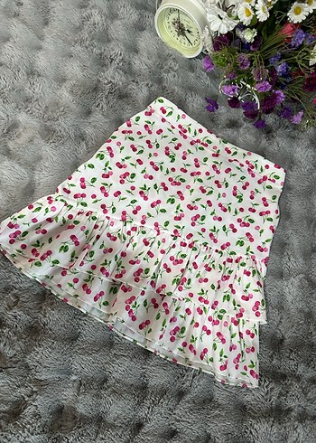 Pembe Kiraz Desenli Fırfırlı Midi Etek - Görsel 2