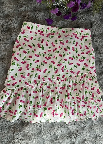 Pembe Kiraz Desenli Fırfırlı Midi Etek - Görsel 3