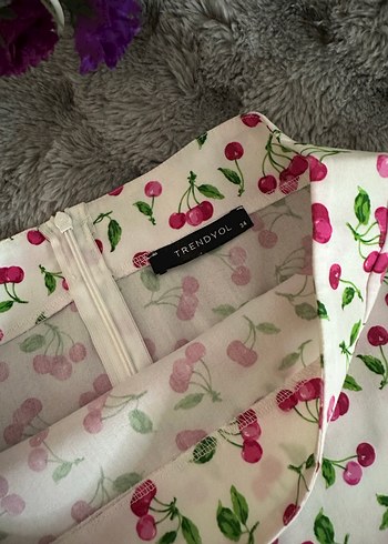 Pembe Kiraz Desenli Fırfırlı Midi Etek - Görsel 4