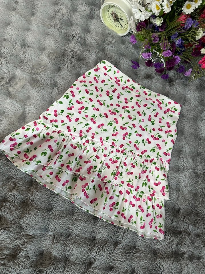 Pembe Kiraz Desenli Fırfırlı Midi Etek - Görsel 2