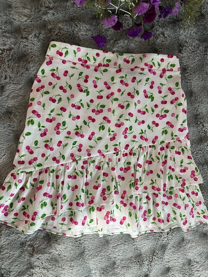 Pembe Kiraz Desenli Fırfırlı Midi Etek - Görsel 3