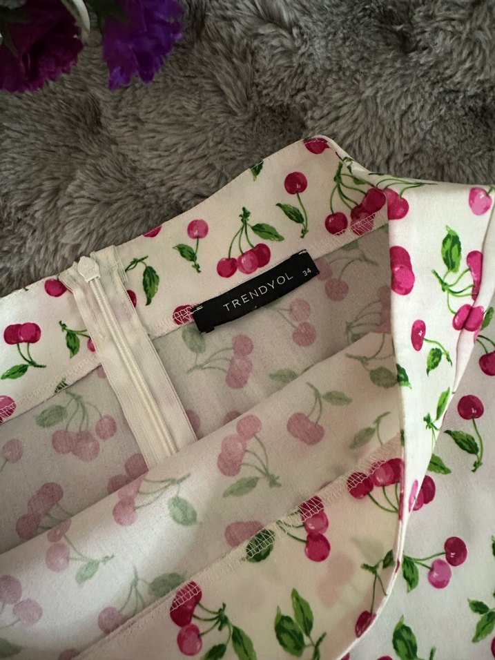 Pembe Kiraz Desenli Fırfırlı Midi Etek - Görsel 4