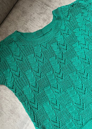 Turkuaz Kısa Kollu Örgü Kadın Kazak - Görsel 3