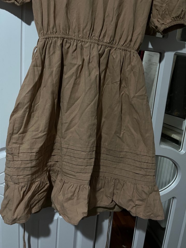 Bej Midi Keten Elbise - Görsel 2