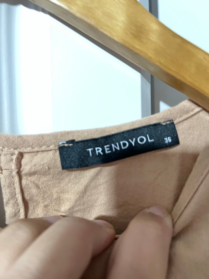 Bej Midi Keten Elbise - Görsel 3