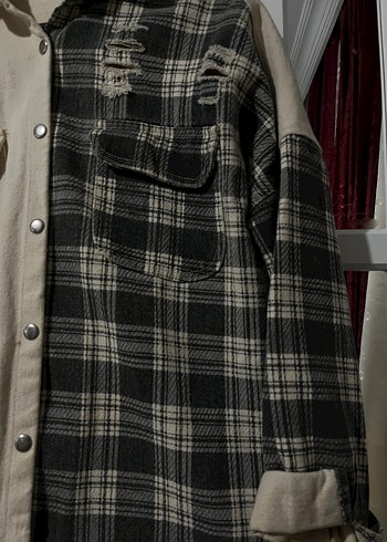 Düğmeli Bej Siyah Ekose Kadın Gömlek - Görsel 2