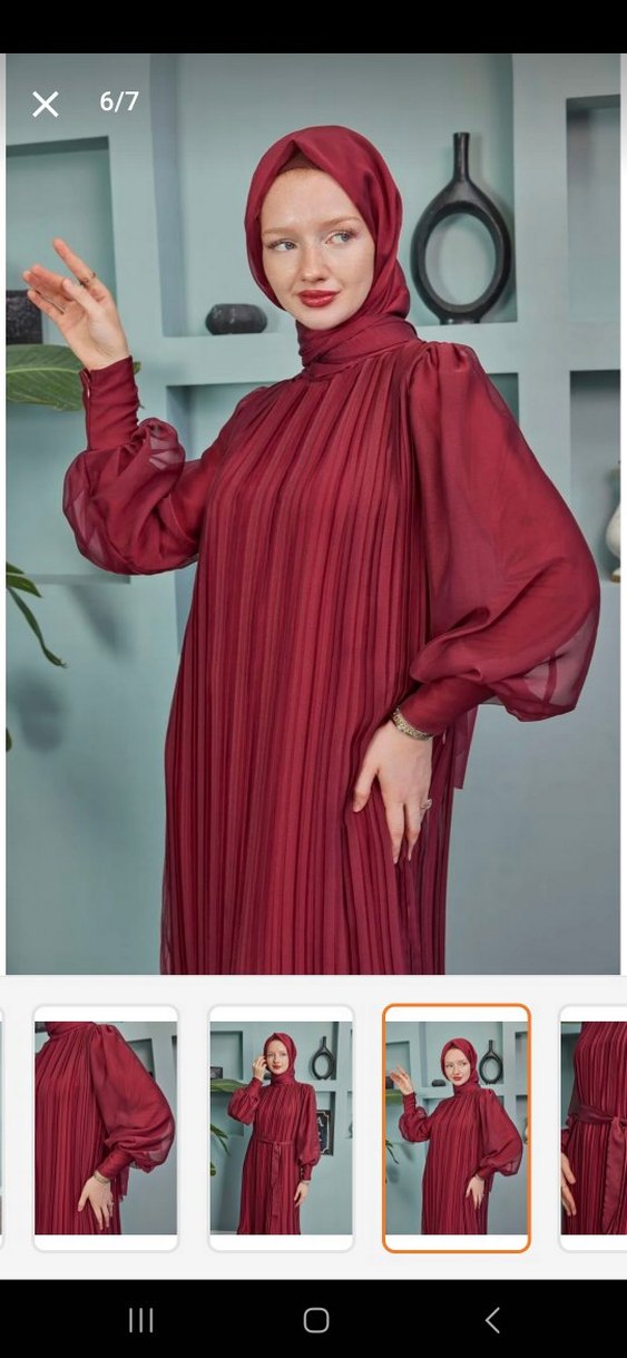 Diger Bordo Piliseli Uzun Kollu Uzun Elbise - Görsel 3