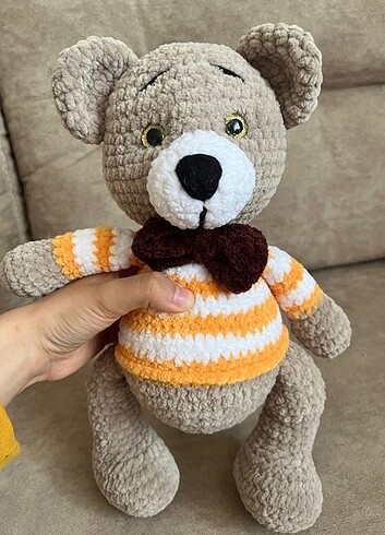 amigurumi papyonlu oyuncak ayıcık, el yapımı organik çocuk oyunc