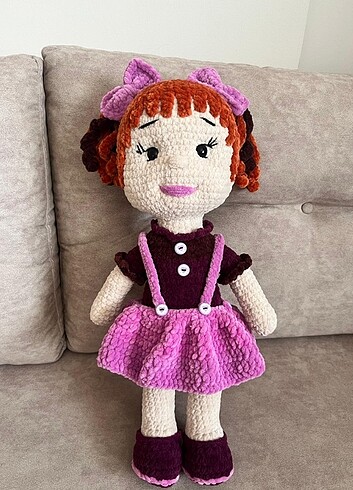 amigurumi büyük boy mor bebek, el yapımı organik çocuk oyuncağı 