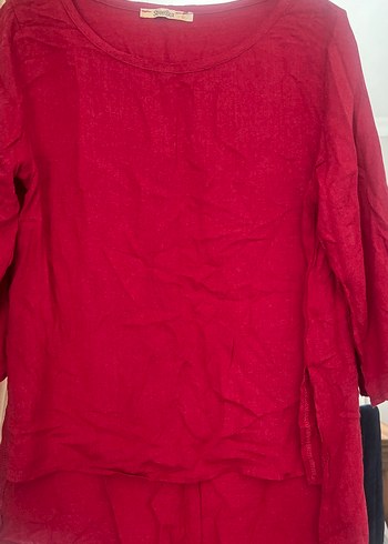 Kırmızı Salaş Keten Bluz - Görsel 2
