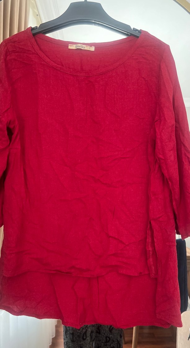 Kırmızı Salaş Keten Bluz - Görsel 2