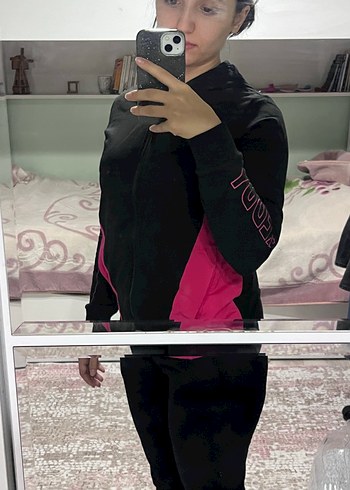universal Beden Fermuarlı Kapüşonlu Pembe Siyah Kadın Ceket