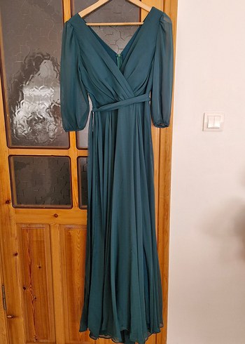 Yeşil Uzun V Yaka Drapeli Kadın Elbise