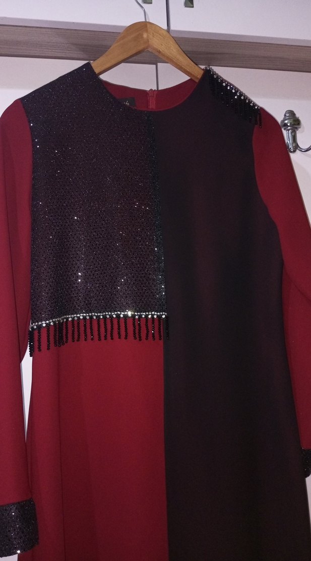 Bordo Siyah Uzun Kollu Drapeli Kadın Elbise - Görsel 2