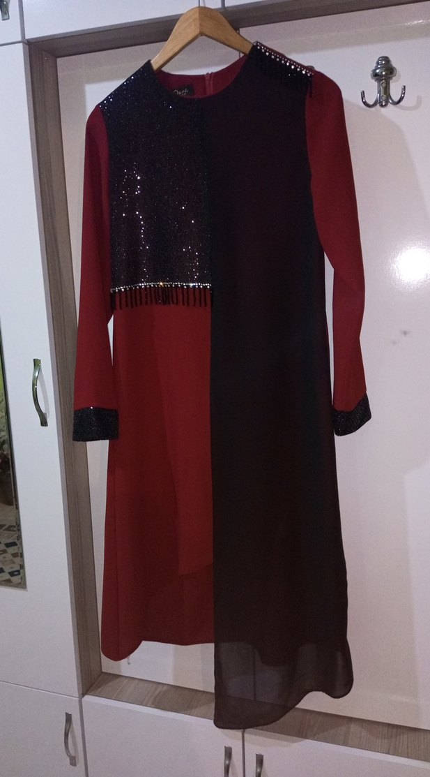 Bordo Siyah Uzun Kollu Drapeli Kadın Elbise - Görsel 3