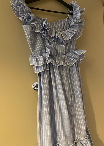 Tuze marka Mavi Çizgili keten Uzun Elbise - Görsel 5