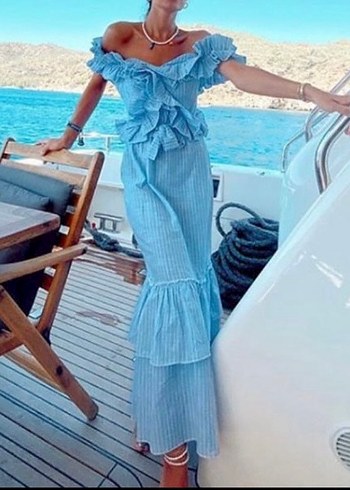 Tuze marka Mavi Çizgili keten Uzun Elbise - Görsel 3