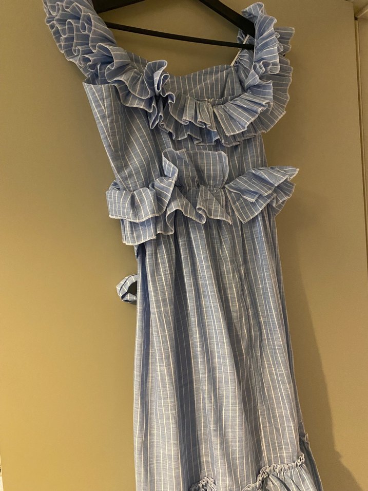 Tuze marka Mavi Çizgili keten Uzun Elbise - Görsel 5