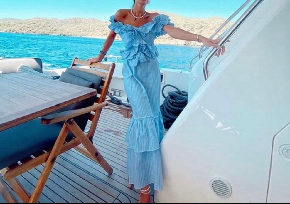 Tuze marka Mavi Çizgili keten Uzun Elbise - Görsel 3