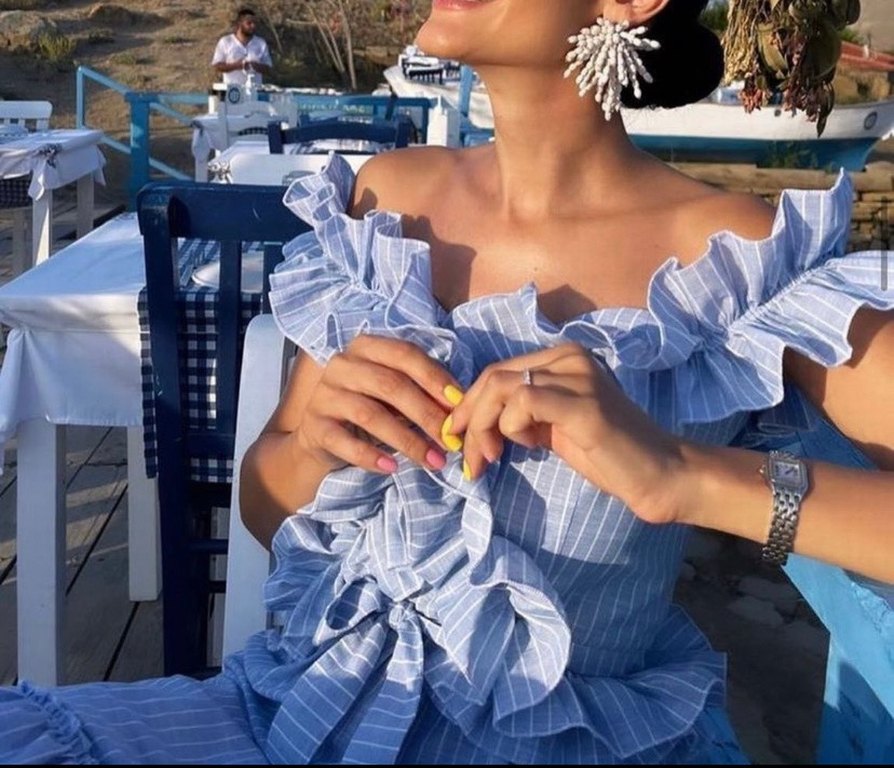 Tuze marka Mavi Çizgili keten Uzun Elbise - Görsel 2