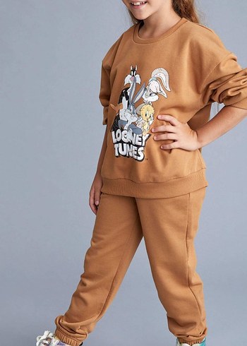 7 Yaş Beden kahverengi Renk Looney Tunes Baskılı Kahverengi Eşofman Takımı