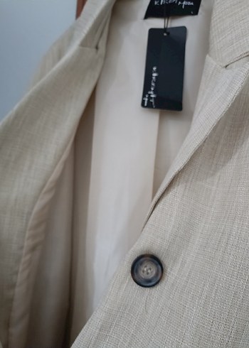 Kadın Bej Düğmeli Keten Blazer - Görsel 2