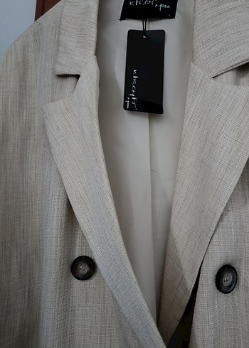 Kadın Bej Düğmeli Keten Blazer - Görsel 3