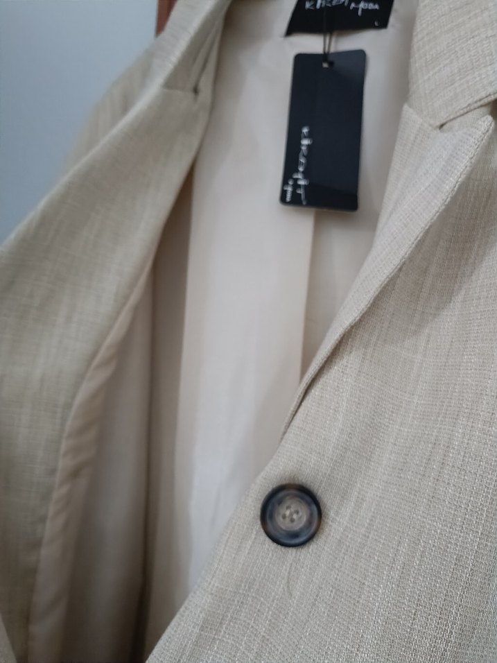 Kadın Bej Düğmeli Keten Blazer - Görsel 2