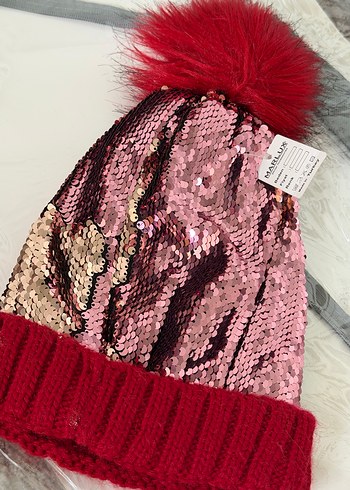 Bordo Kürklü Payetli Kadın Bere - Görsel 4