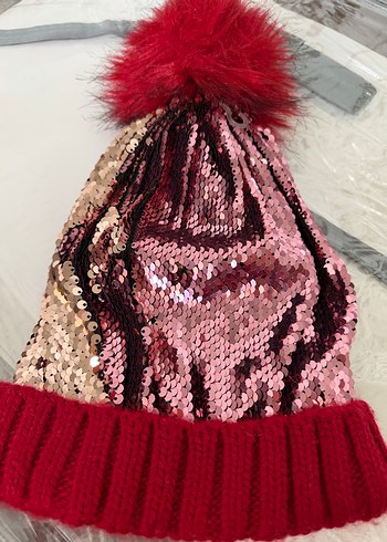 Bordo Kürklü Payetli Kadın Bere - Görsel 2