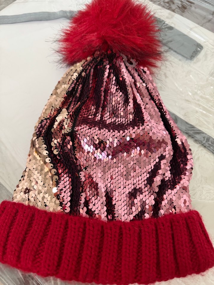 Bordo Kürklü Payetli Kadın Bere - Görsel 2