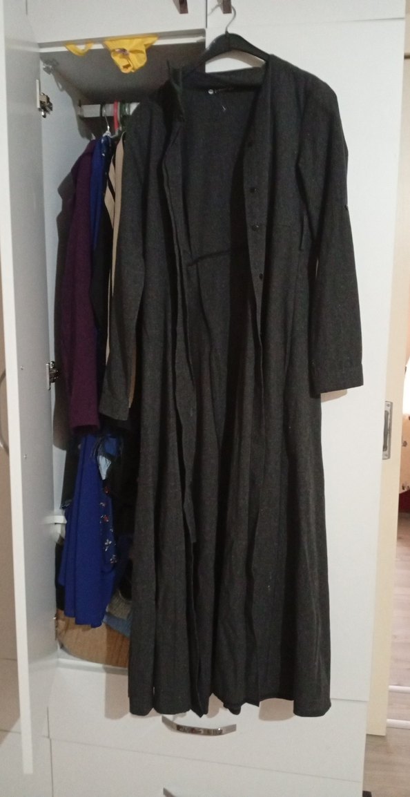 Uzun Gri Keten Kadın Palto - Görsel 2