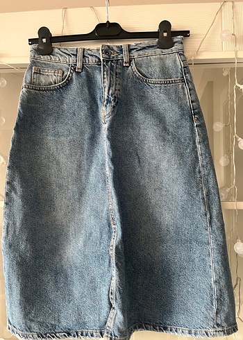 Kadın Mavi Denim Midi Uzunlukta Salaş Jean Etek