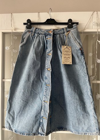 Zara Önden Düğmeli Midi Kot Etek
