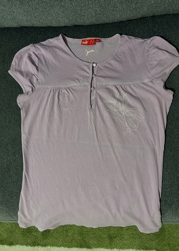 Lila Kısa Kollu Vintage Düğmeli Puma Kadın tişört
