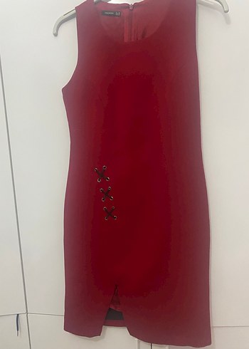 paulmark Kırmızı V Yaka Düğmeli Midi Elbise - Görsel 4