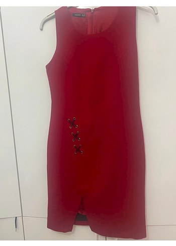 paulmark Kırmızı V Yaka Düğmeli Midi Elbise - Görsel 2