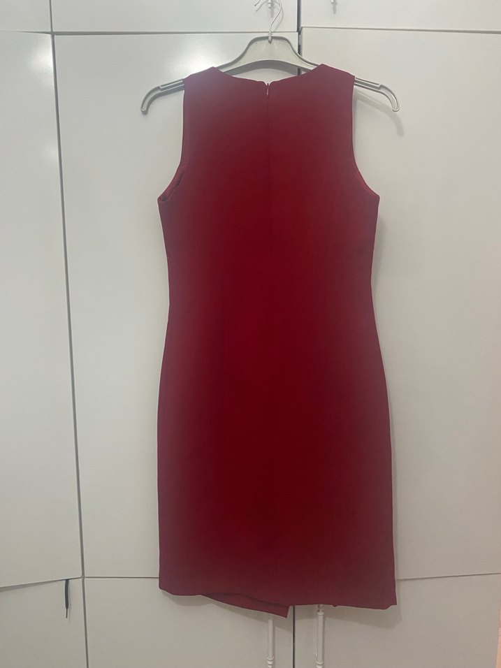 paulmark Kırmızı V Yaka Düğmeli Midi Elbise - Görsel 3