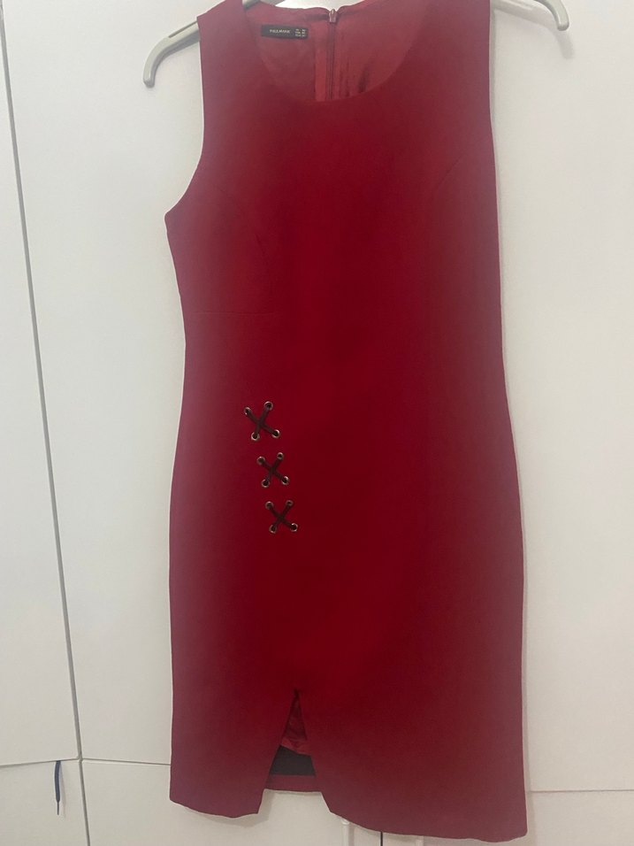 paulmark Kırmızı V Yaka Düğmeli Midi Elbise - Görsel 4