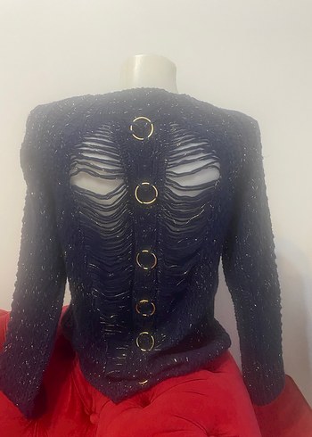 Kadın Lacivert Örgü Sırt Detaylı Kazak - Görsel 7