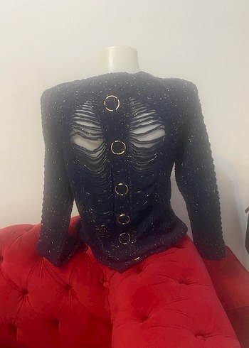 Kadın Lacivert Örgü Sırt Detaylı Kazak - Görsel 4