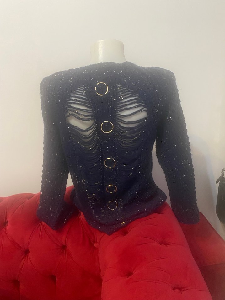 Kadın Lacivert Örgü Sırt Detaylı Kazak - Görsel 4