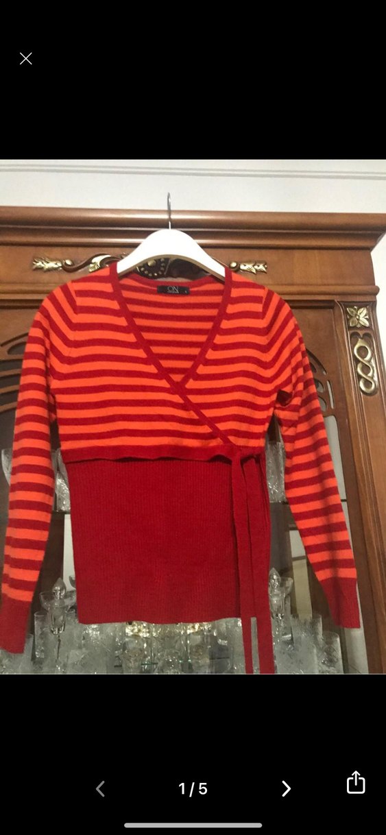 Kırmızı Çizgili Triko Kazak - Görsel 2