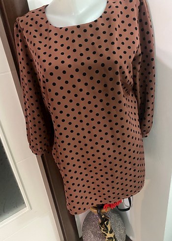 Kahverengi Puantiyeli Kadın gömlek - Görsel 5